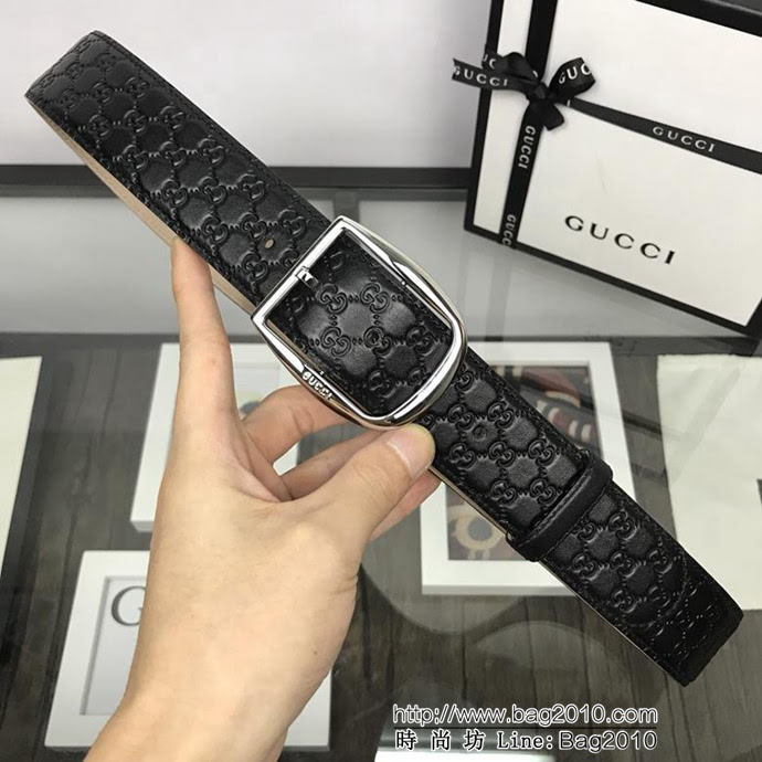 GUCCI古馳 官網新款 正品規格 原單品質 頭層小牛皮壓大花 日字型針扣 男士皮帶  xfp1306